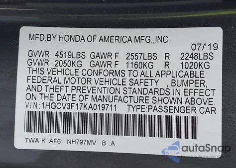 2019 Honda Accord Hybrid from USA, damaged, VIN 1HGCV3F17KA019711
